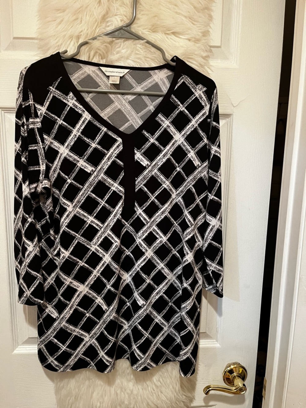 Christopher & Banks Black and White V-Neck Tunic with Brushstroke Lattice